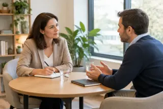 Coach en communication échangeant avec un client dans un bureau lumineux autour d’une table, dans une ambiance d’écoute et de réflexion.