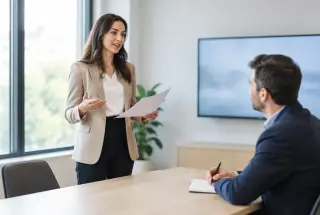 Une professionnelle répète une présentation devant un coach dans une salle de réunion lumineuse.